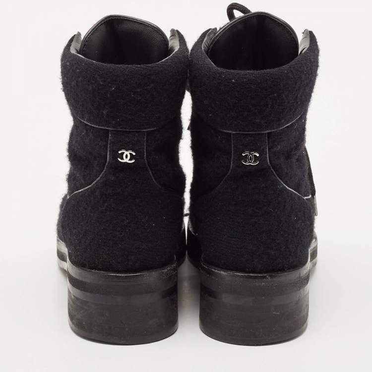Pre Owned Chanel Black Wool CC Combat Boots Size 37