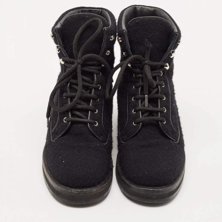 Pre Owned Chanel Black Wool CC Combat Boots Size 37