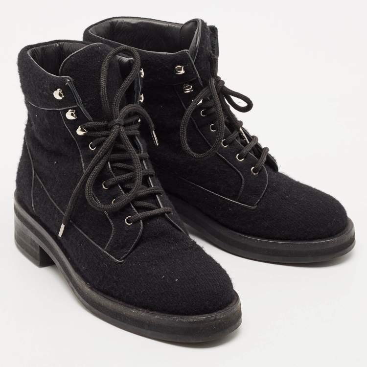 Pre Owned Chanel Black Wool CC Combat Boots Size 37