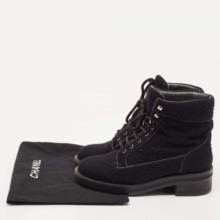 Pre Owned Chanel Black Wool CC Combat Boots Size 37