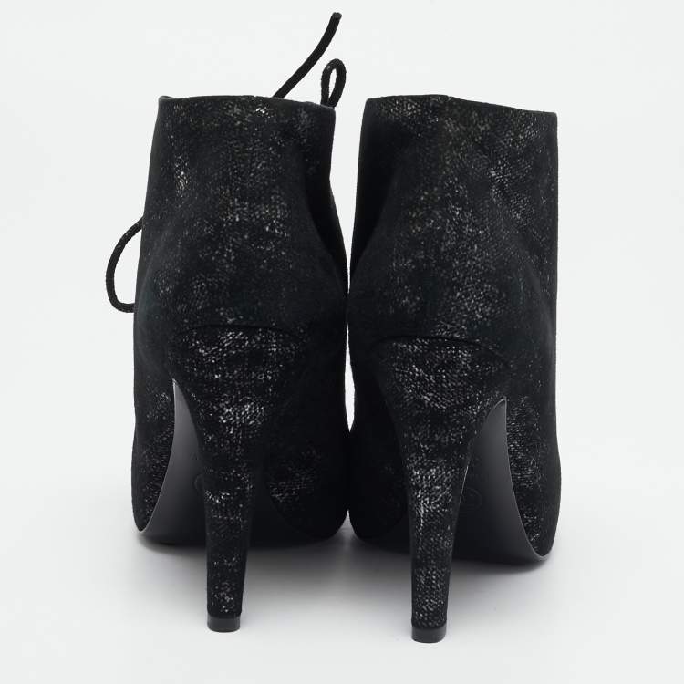 Pre Owned Chanel Black/Silver Suede Pearl Heel Lace Up Ankle Boots Size 36.5