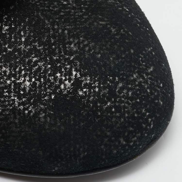 Pre Owned Chanel Black/Silver Suede Pearl Heel Lace Up Ankle Boots Size 36.5