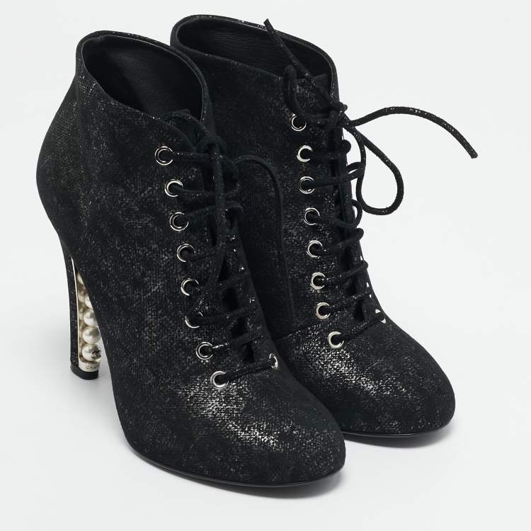 Pre Owned Chanel Black/Silver Suede Pearl Heel Lace Up Ankle Boots Size 36.5