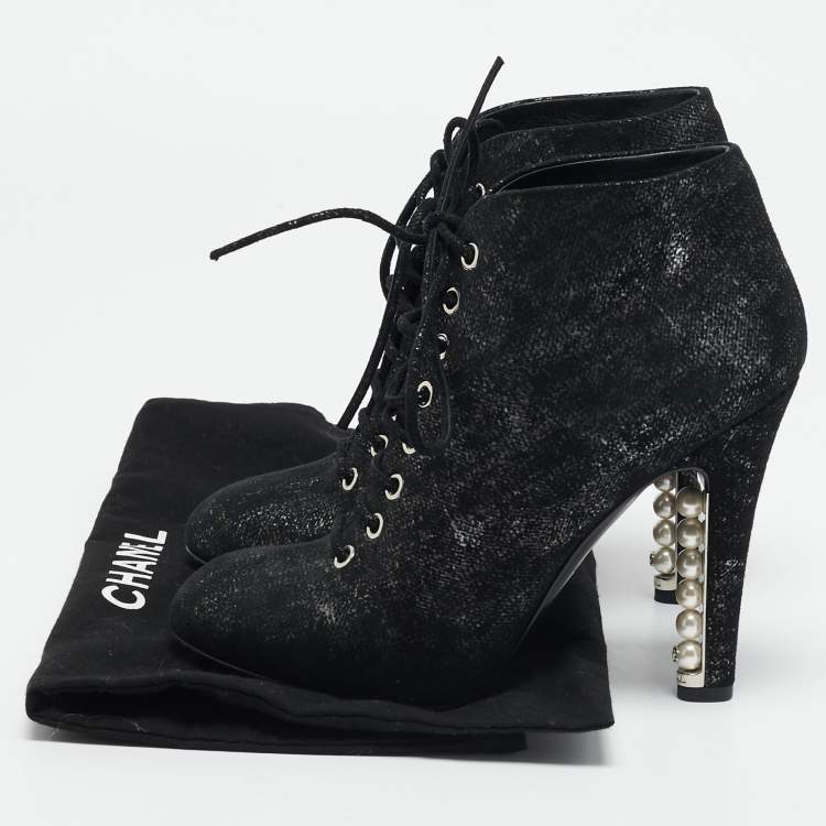 Pre Owned Chanel Black/Silver Suede Pearl Heel Lace Up Ankle Boots Size 36.5