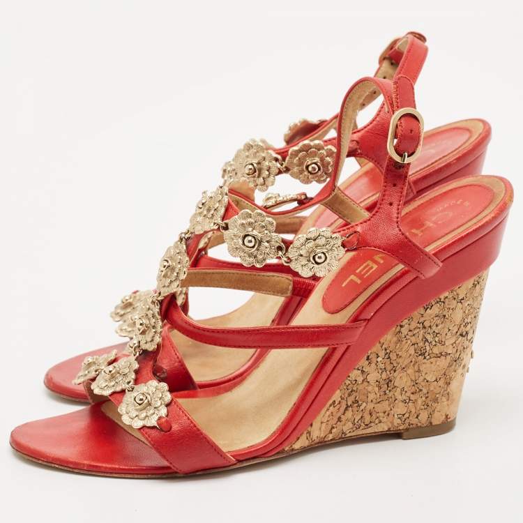 Pre Owned Chanel Red Leather Floral Metal CC Cork Wedge Sandals Size 38
