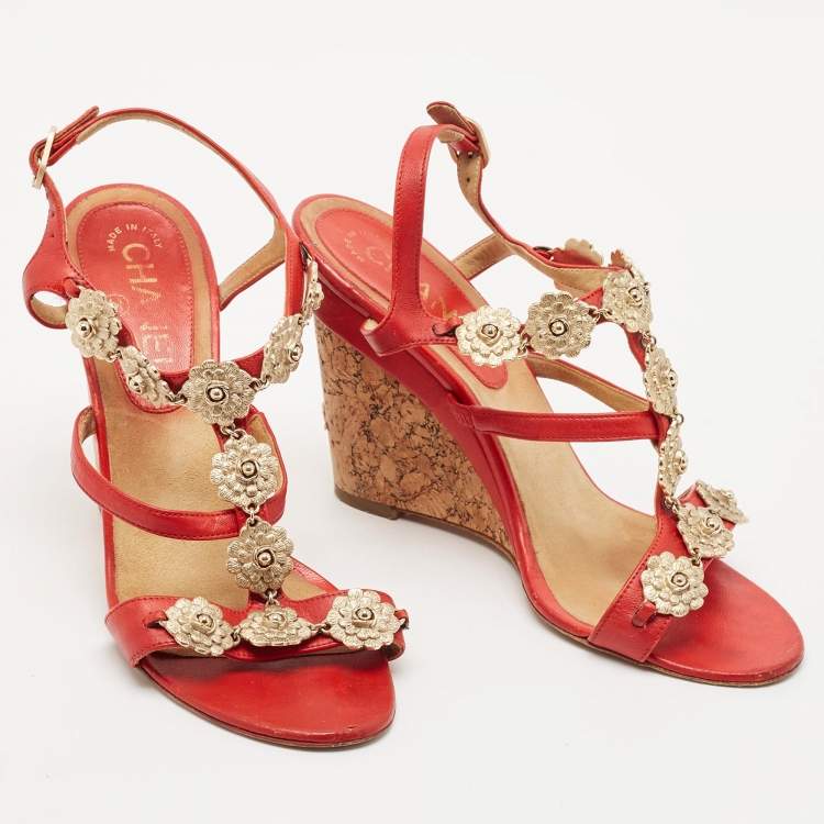 Pre Owned Chanel Red Leather Floral Metal CC Cork Wedge Sandals Size 38