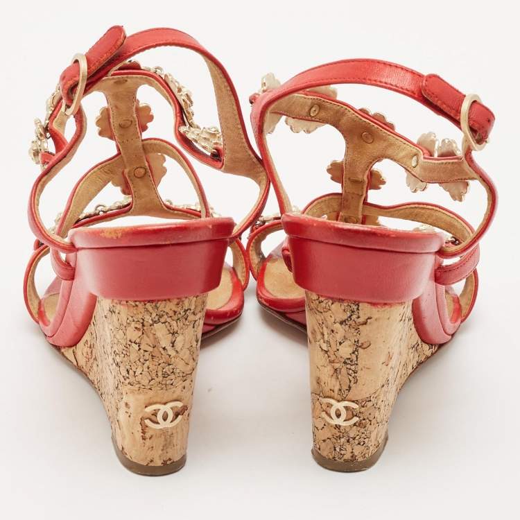 Pre Owned Chanel Red Leather Floral Metal CC Cork Wedge Sandals Size 38