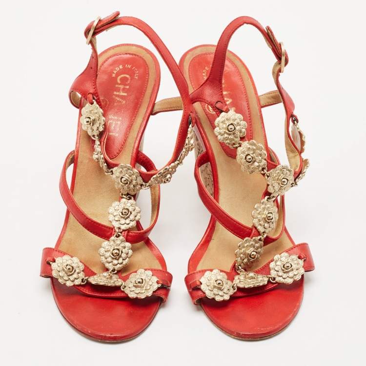 Pre Owned Chanel Red Leather Floral Metal CC Cork Wedge Sandals Size 38