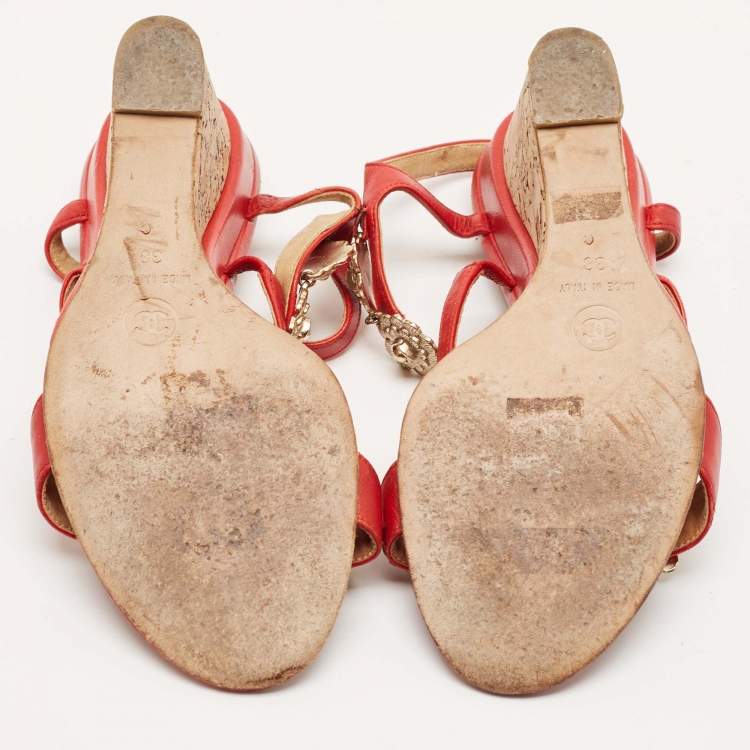 Pre Owned Chanel Red Leather Floral Metal CC Cork Wedge Sandals Size 38
