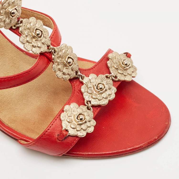 Pre Owned Chanel Red Leather Floral Metal CC Cork Wedge Sandals Size 38