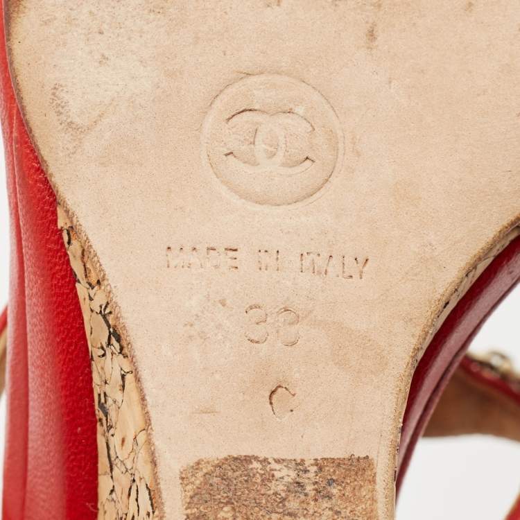 Pre Owned Chanel Red Leather Floral Metal CC Cork Wedge Sandals Size 38