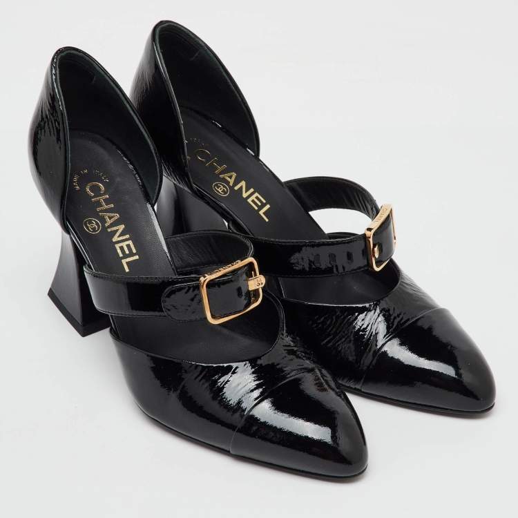 Pre Owned Chanel Black Patent Leather Mary Jane Buckle D'orsay Pumps Size 39