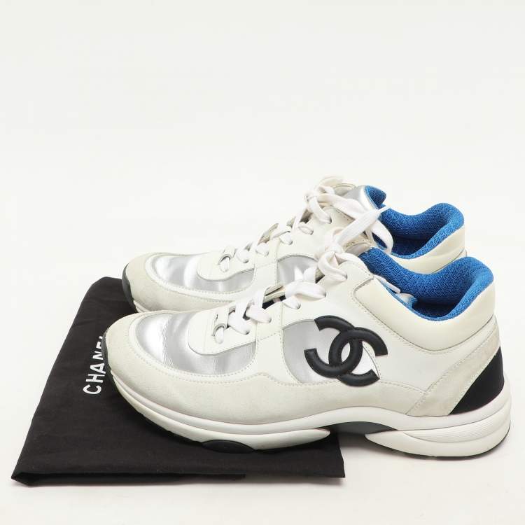 Pre Owned Chanel White/Silver Suede, Fabric and Leather CC Low Top Sneakers Size 38.5