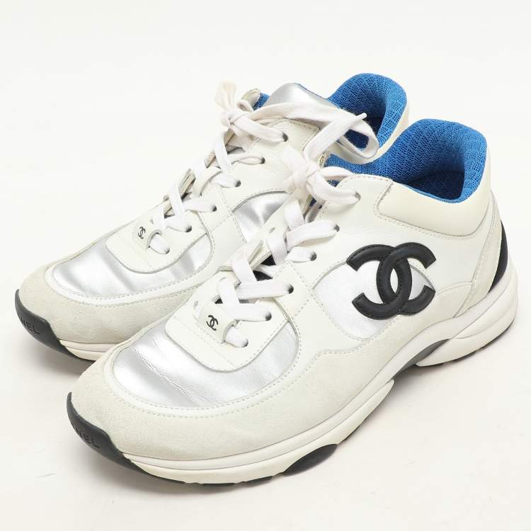 Pre Owned Chanel White/Silver Suede, Fabric and Leather CC Low Top Sneakers Size 38.5