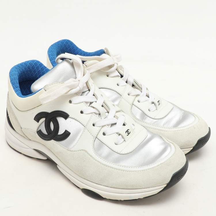 Pre Owned Chanel White/Silver Suede, Fabric and Leather CC Low Top Sneakers Size 38.5