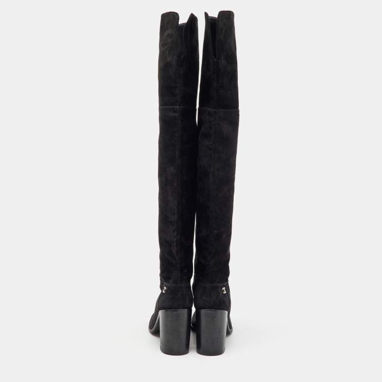 Pre Owned Chanel Black Suede CC Block Heel Knee Length Boots Size 38.5