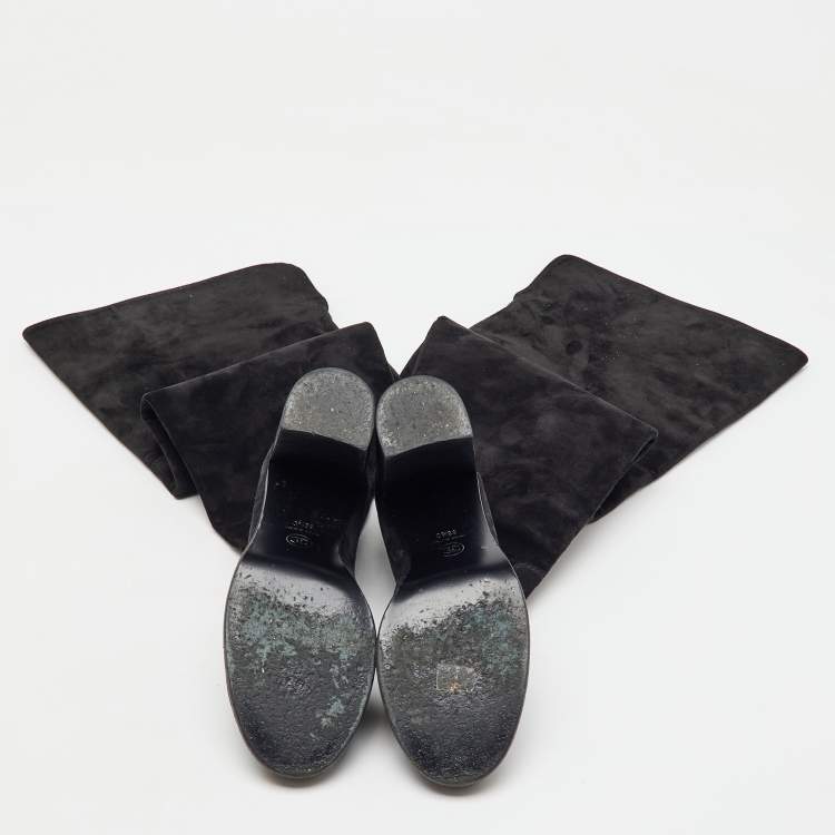 Pre Owned Chanel Black Suede CC Block Heel Knee Length Boots Size 38.5