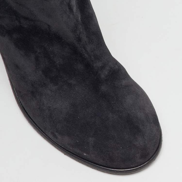 Pre Owned Chanel Black Suede CC Block Heel Knee Length Boots Size 38.5