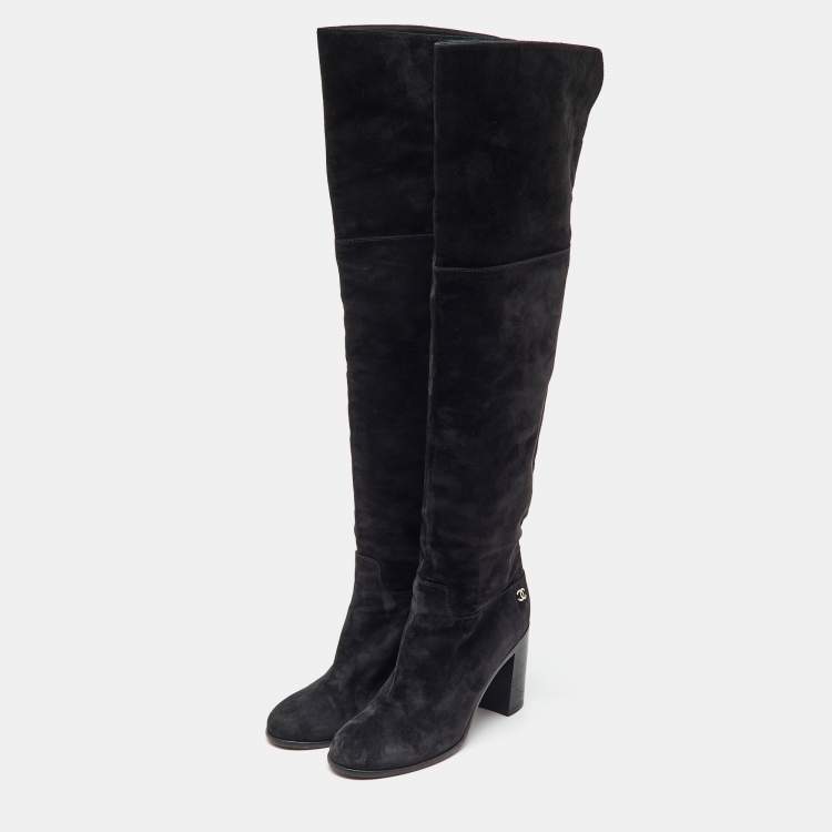 Pre Owned Chanel Black Suede CC Block Heel Knee Length Boots Size 38.5
