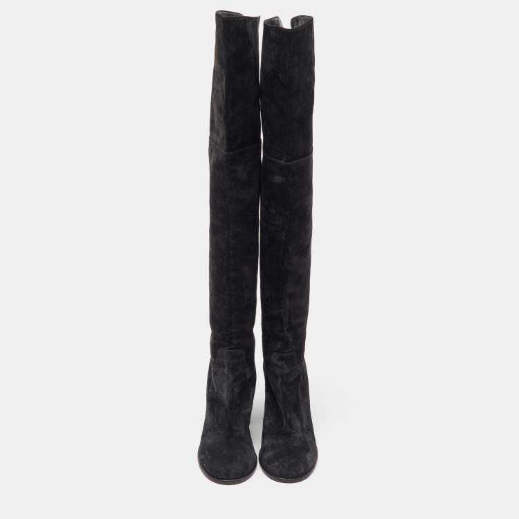 Pre Owned Chanel Black Suede CC Block Heel Knee Length Boots Size 38.5