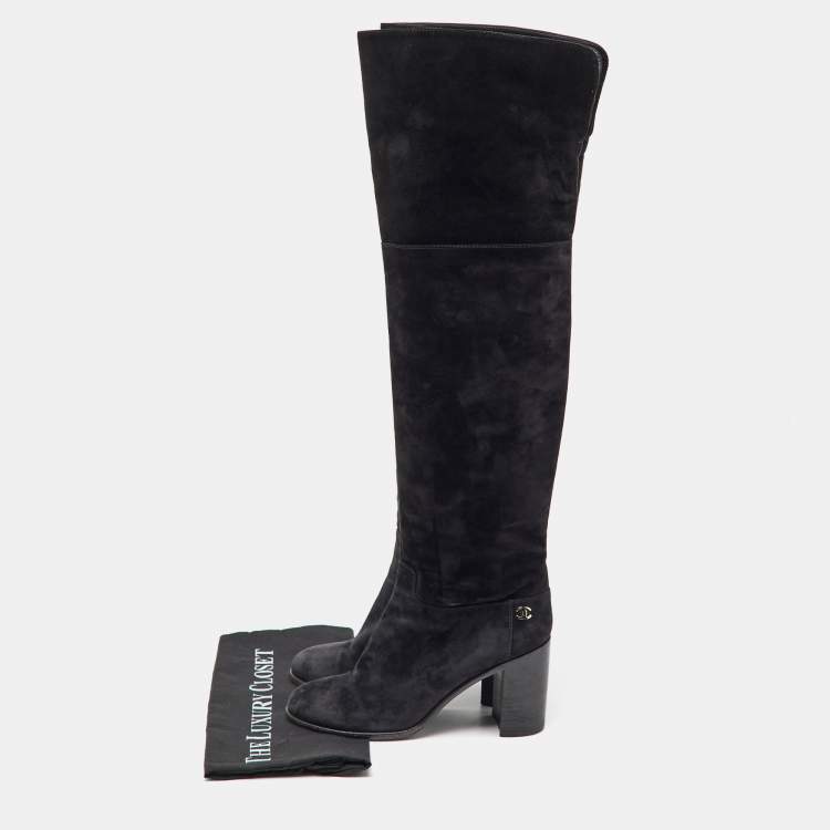 Pre Owned Chanel Black Suede CC Block Heel Knee Length Boots Size 38.5