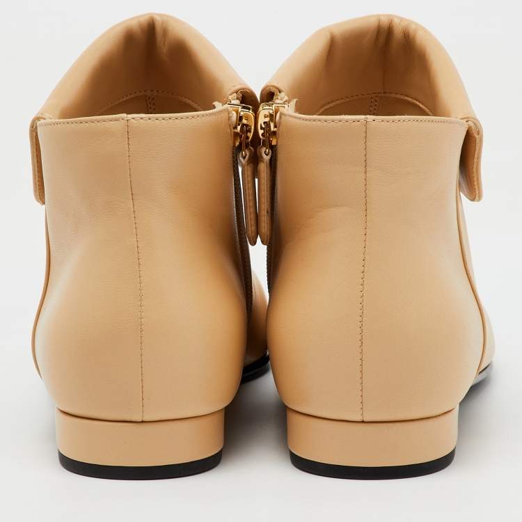 Pre Owned Chanel Beige/Black Leather Logo Ankle Length Boots Size 37