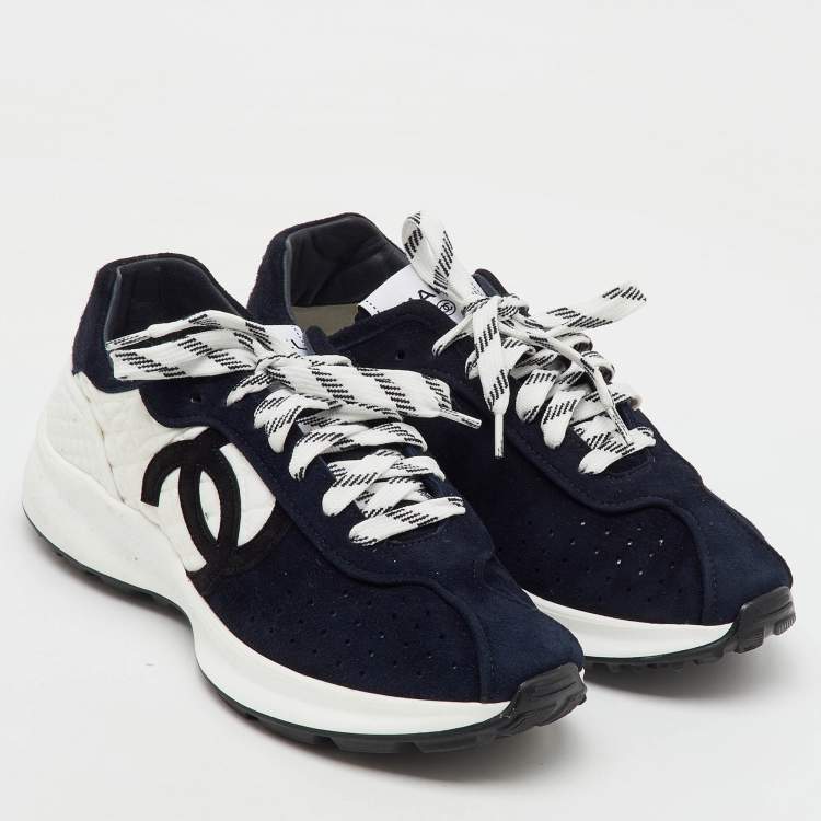 Pre Owned Chanel Navy Blue/White Suede and Fabric CC Logo Low Top Sneakers Size 39