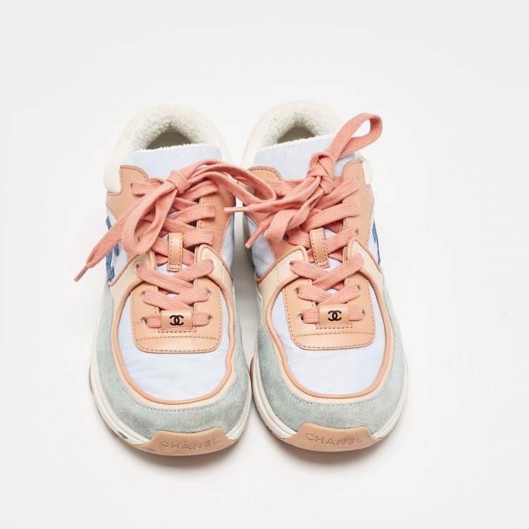 Pre Owned Chanel Multicolor Nylon And Leather CC Logo Lace Up Sneakers Size 35