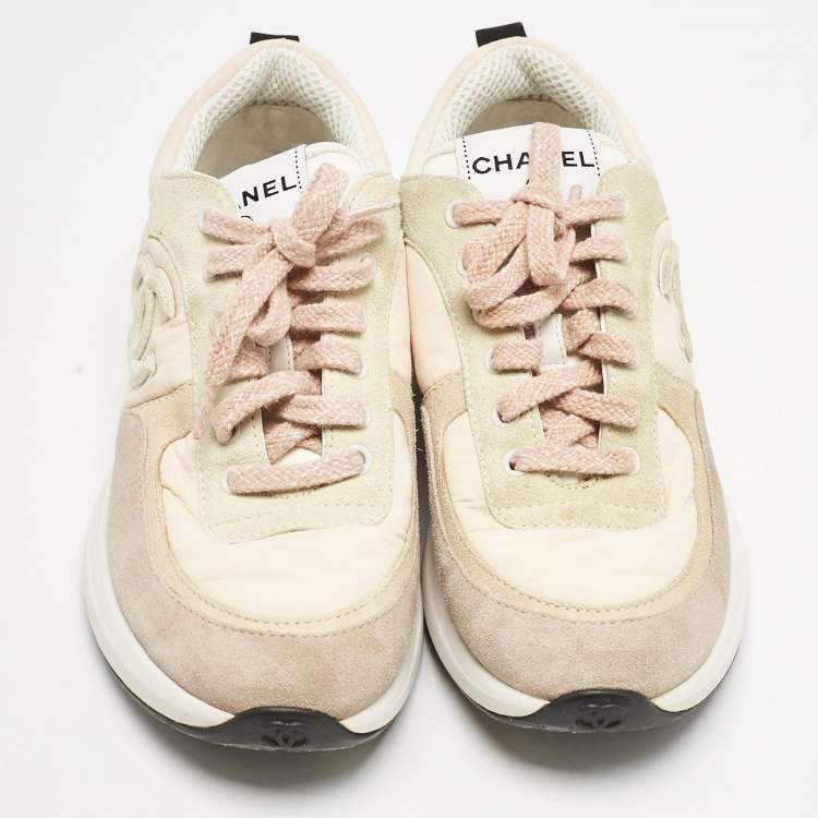 Pre Owned Chanel Multicolor Suede and Nylon CC Logo Lace Up Sneakers Size 38