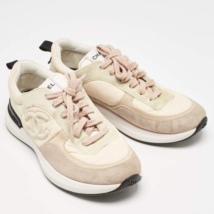 Pre Owned Chanel Multicolor Suede and Nylon CC Logo Lace Up Sneakers Size 38