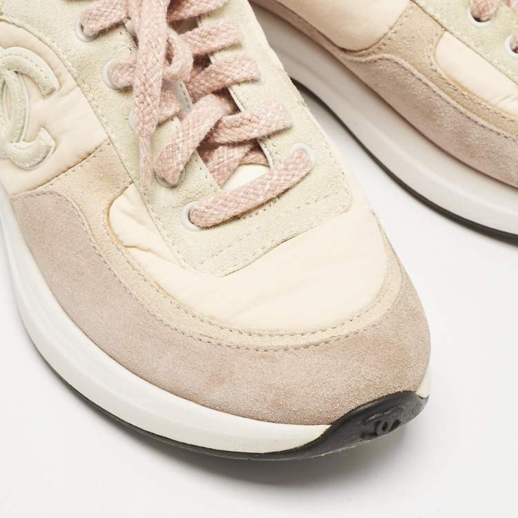 Pre Owned Chanel Multicolor Suede and Nylon CC Logo Lace Up Sneakers Size 38
