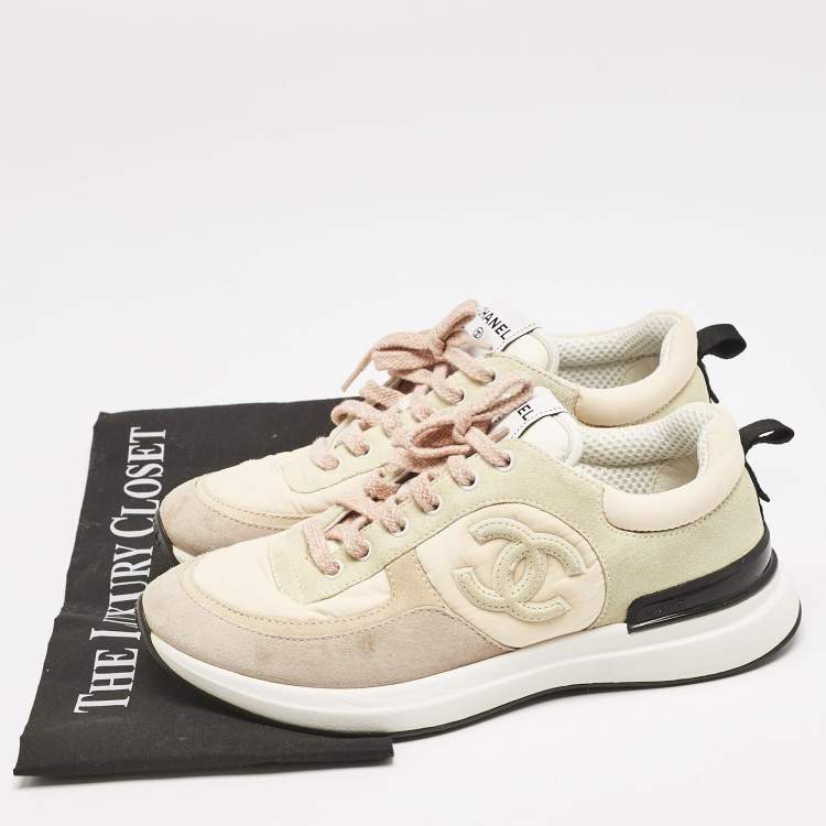 Pre Owned Chanel Multicolor Suede and Nylon CC Logo Lace Up Sneakers Size 38