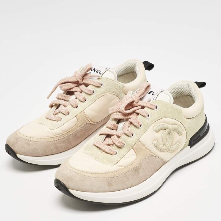 Pre Owned Chanel Multicolor Suede and Nylon CC Logo Lace Up Sneakers Size 38