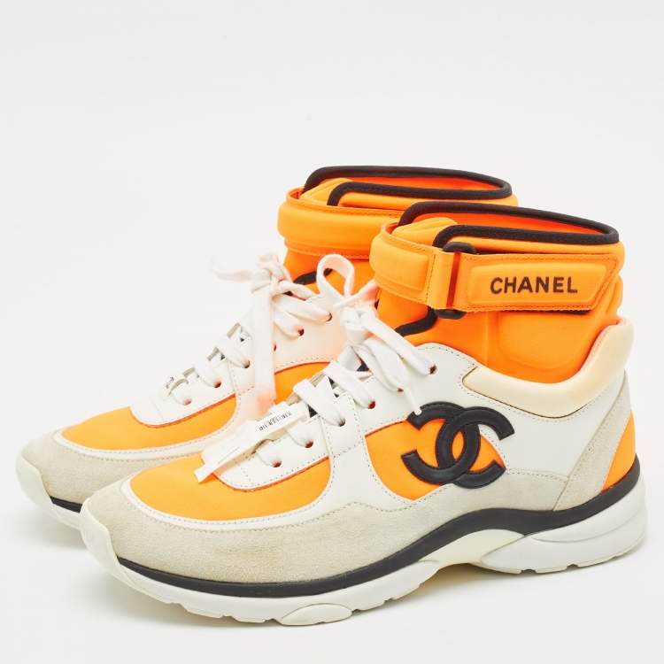 Pre Owned Chanel Orange/White Leather and Suede CC High Top Sneakers Size 38