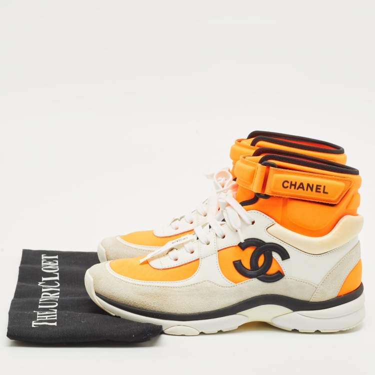 Pre Owned Chanel Orange/White Leather and Suede CC High Top Sneakers Size 38
