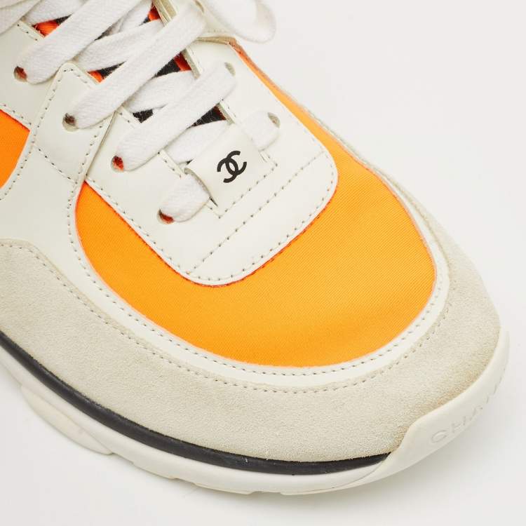Pre Owned Chanel Orange/White Leather and Suede CC High Top Sneakers Size 38