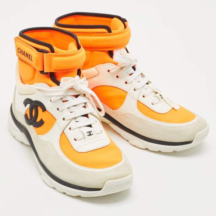 Pre Owned Chanel Orange/White Leather and Suede CC High Top Sneakers Size 38