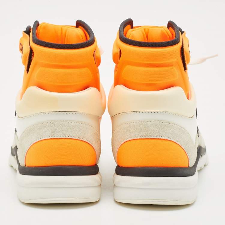 Pre Owned Chanel Orange/White Leather and Suede CC High Top Sneakers Size 38