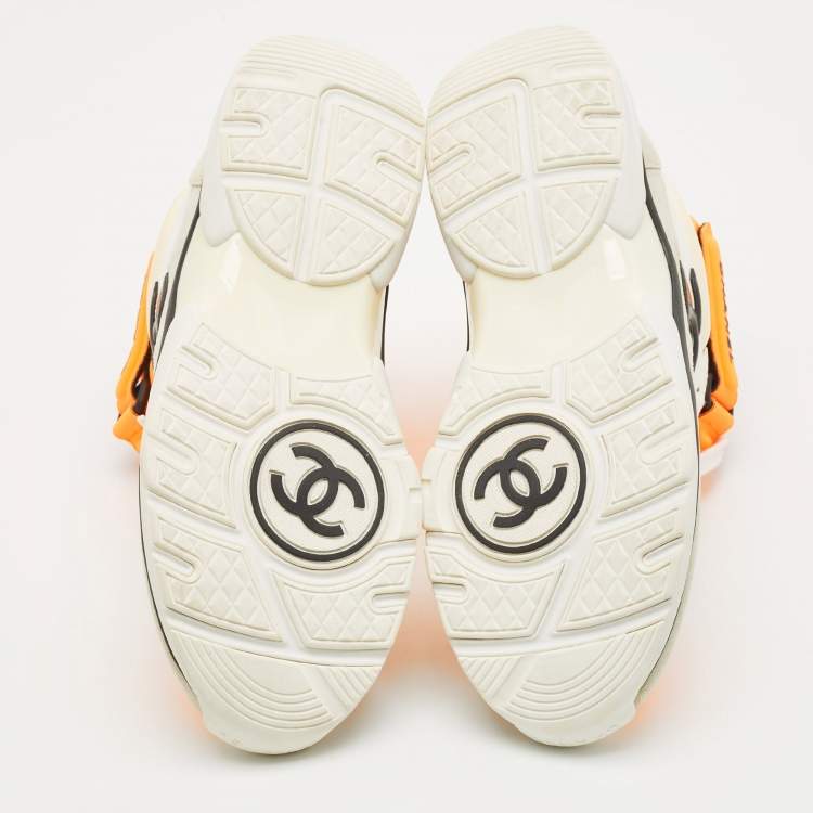Pre Owned Chanel Orange/White Leather and Suede CC High Top Sneakers Size 38