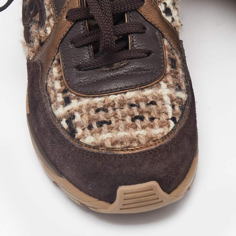 Pre Owned Chanel Brown/Beige Tweed and Leather CC Low Top Sneakers Size 39