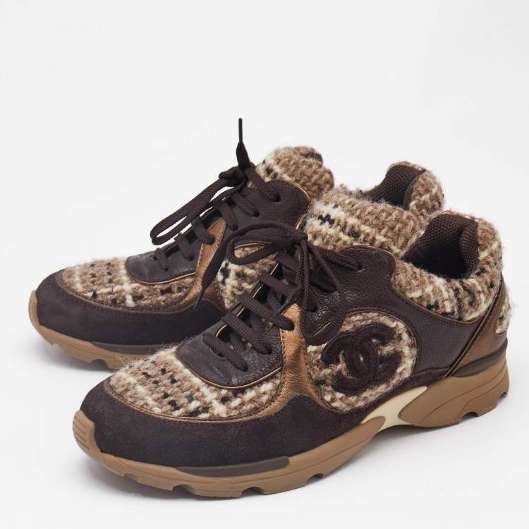 Pre Owned Chanel Brown/Beige Tweed and Leather CC Low Top Sneakers Size 39