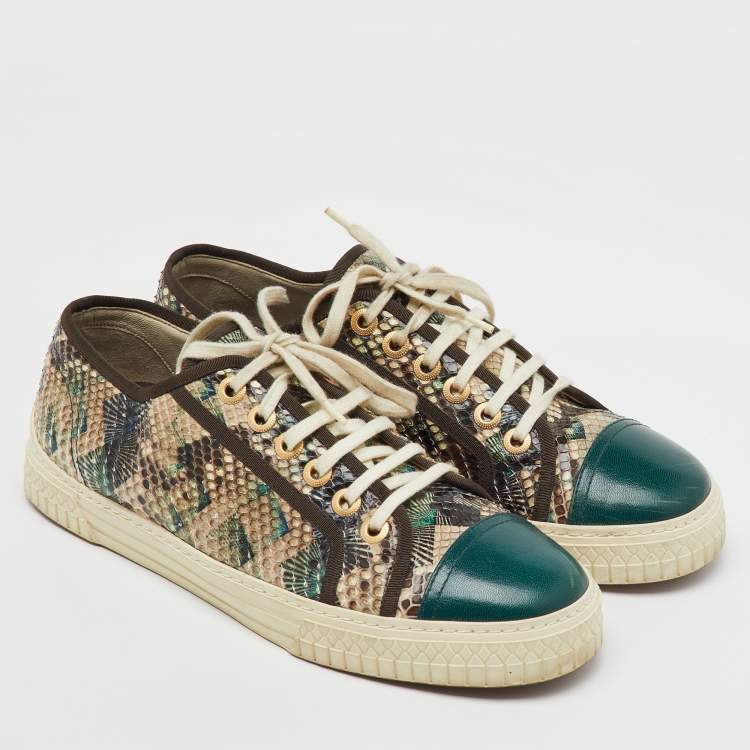 Pre Owned Chanel Multicolor Python and Leather Cap Toe Low Top Sneakers Size 39.5