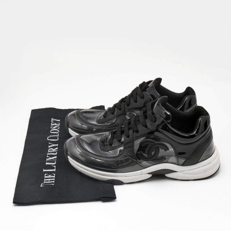 Pre Owned Chanel Black Patent Leather and PVC CC Low Top Sneakers Size 38.5