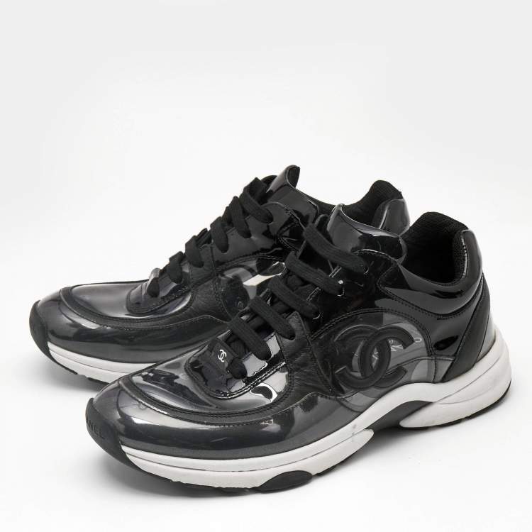 Pre Owned Chanel Black Patent Leather and PVC CC Low Top Sneakers Size 38.5