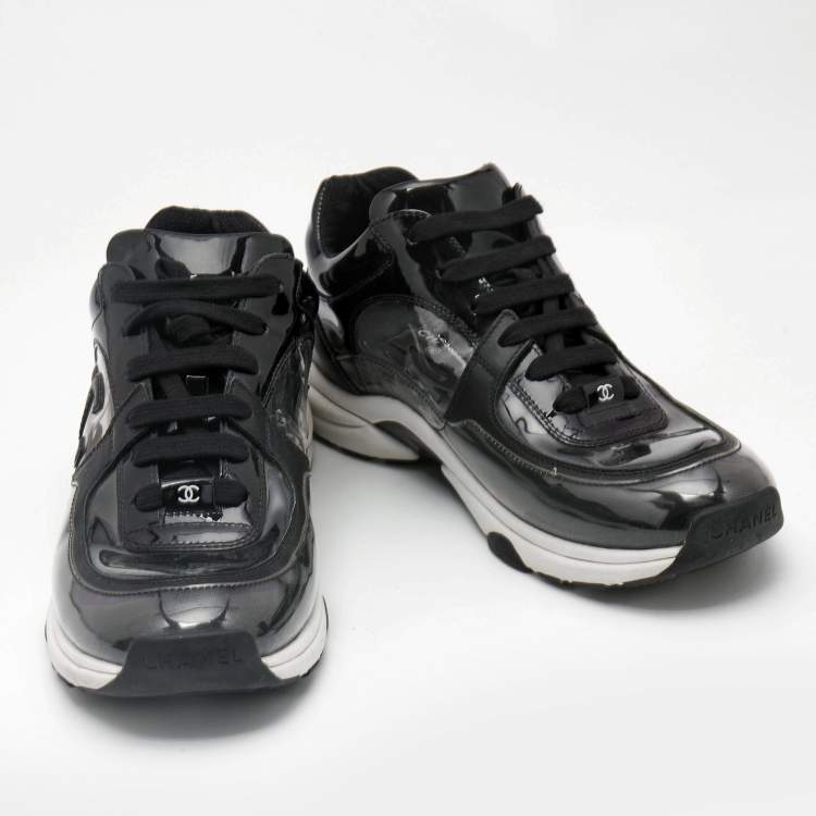 Pre Owned Chanel Black Patent Leather and PVC CC Low Top Sneakers Size 38.5