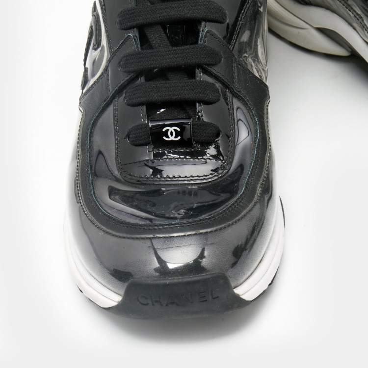 Pre Owned Chanel Black Patent Leather and PVC CC Low Top Sneakers Size 38.5