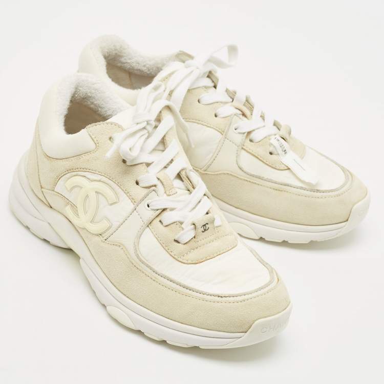 Pre Owned Chanel Grey/White Suede and Nylon CC Logo Lace Up Sneakers Size 38