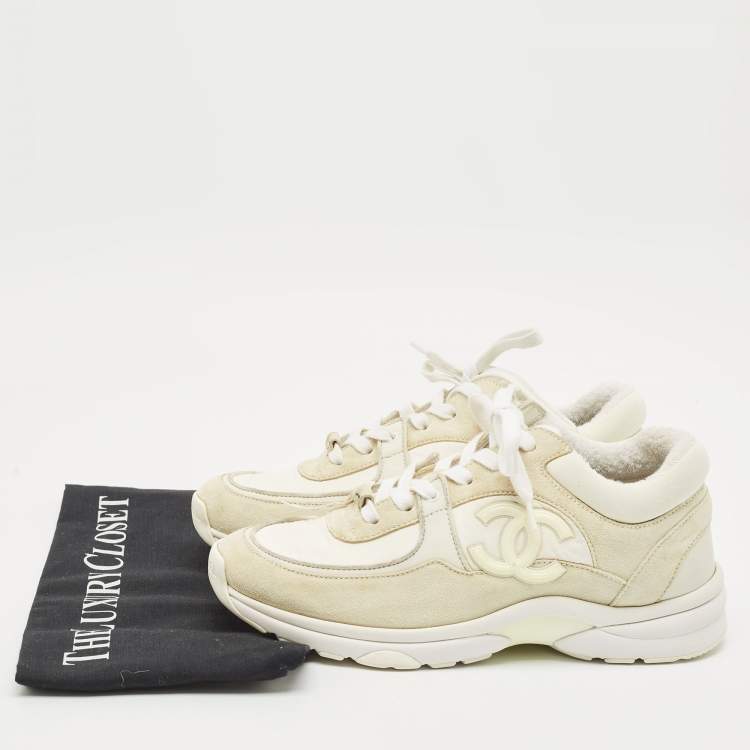 Pre Owned Chanel Grey/White Suede and Nylon CC Logo Lace Up Sneakers Size 38
