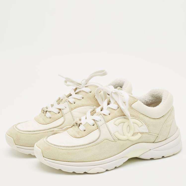 Pre Owned Chanel Grey/White Suede and Nylon CC Logo Lace Up Sneakers Size 38