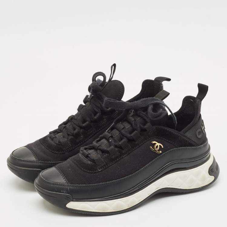 Pre Owned Chanel Black Suede Leather And Fabric CC Lace Up Sneakers Size 38